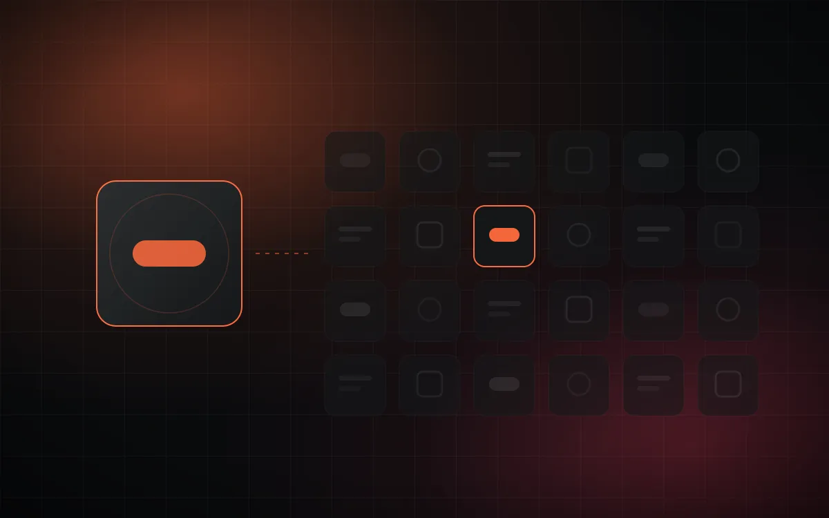 Representação abstrata de um design system com componentes de interface conectados.